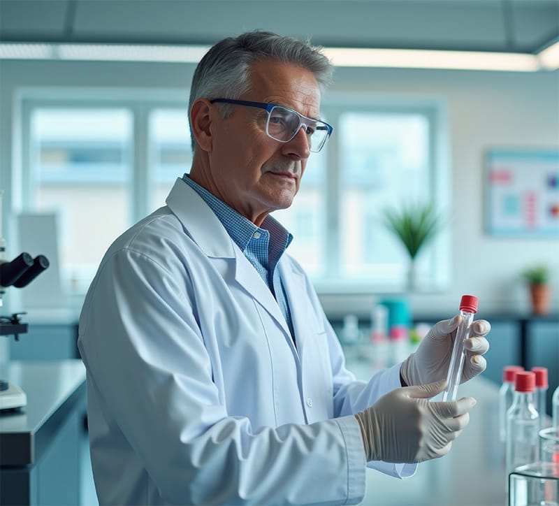 An elderly lab man mixing chemicals