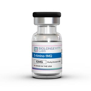 Glass vial with sealed cap labeled 5-Amino-1MQ 10MG 99% Purity from Biolongevity Labs.