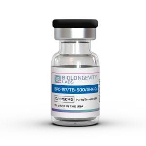 Glass vial with sealed cap labeled BPC-157/TB-500/GHK-Cu 10MG/10MG/50MG 99% Purity from Biolongevity Labs.