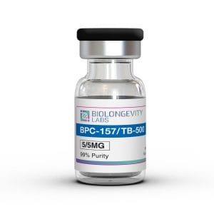 Glass vial with sealed cap labeled BPC-157 TB-500 Blend 10MG 99% Purity from Biolongevity Labs.