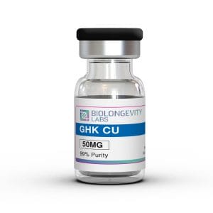Glass vial with sealed cap labeled GHK-Cu Copper Peptide 5MG 99% Purity from Biolongevity Labs.