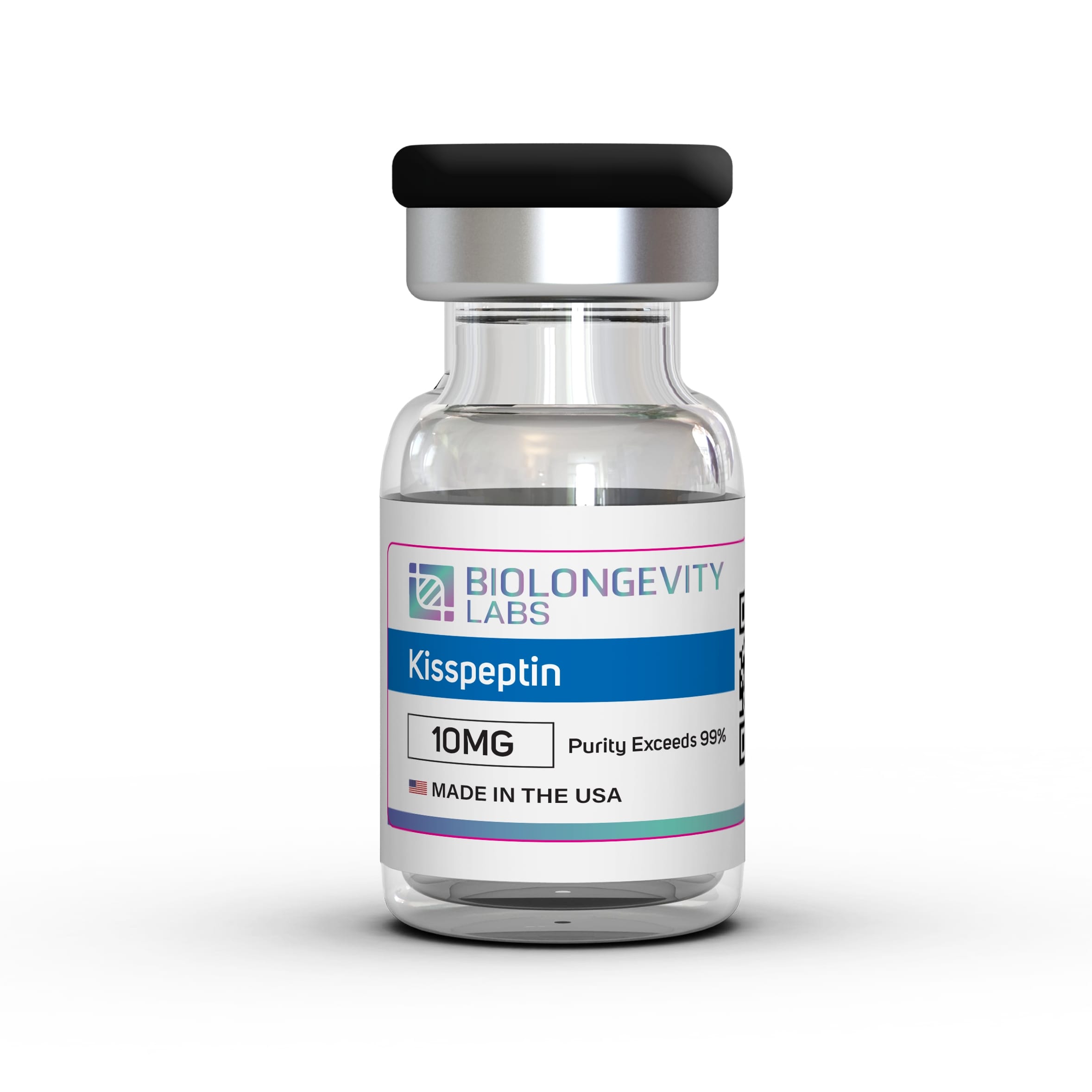 Glass vial of Biolongevity Labs Kisspeptin, 10MG, with purity exceeding 99%, made in the USA.