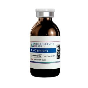 Amber glass vial of Biolongevity Labs L-Carnitine, 600MG/ML, with purity exceeding 99%, made in the USA.