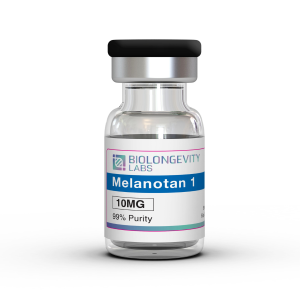 Glass vial with sealed cap labeled Melanotan 1 10MG 99% Purity from Biolongevity Labs.