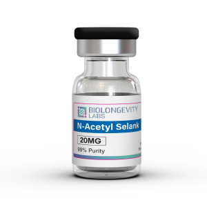 Glass vial with rubber stopper labeled N-Acetyl Selank 20MG 99% Purity from Biolongevity Labs.
