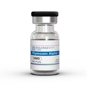 Glass vial with pharmaceutical cap labeled Thymosin Alpha 1 10MG 99% Purity from Biolongevity Labs.